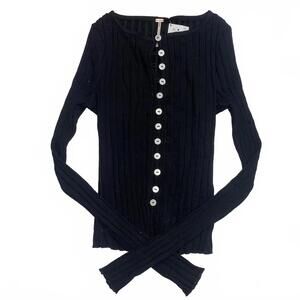 Free People Black Ribbed Button-Up Blouse